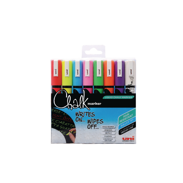 Uni Chalk Markers Medium Assorted Pk8 153494341 funkypen.co.uk